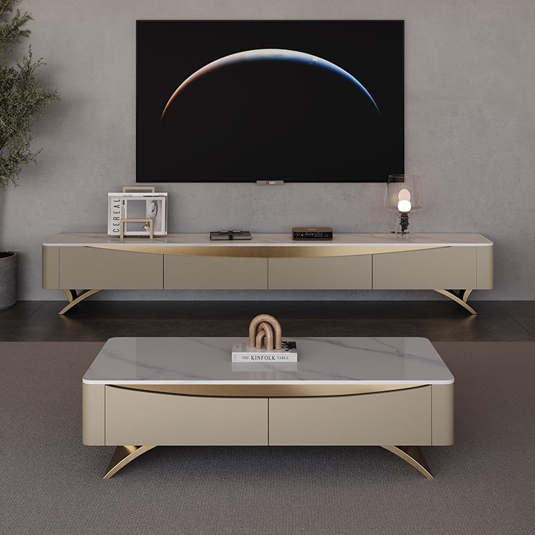 78.7″ Rectangular Stone TV Stand with Storage TV unit in Champagne