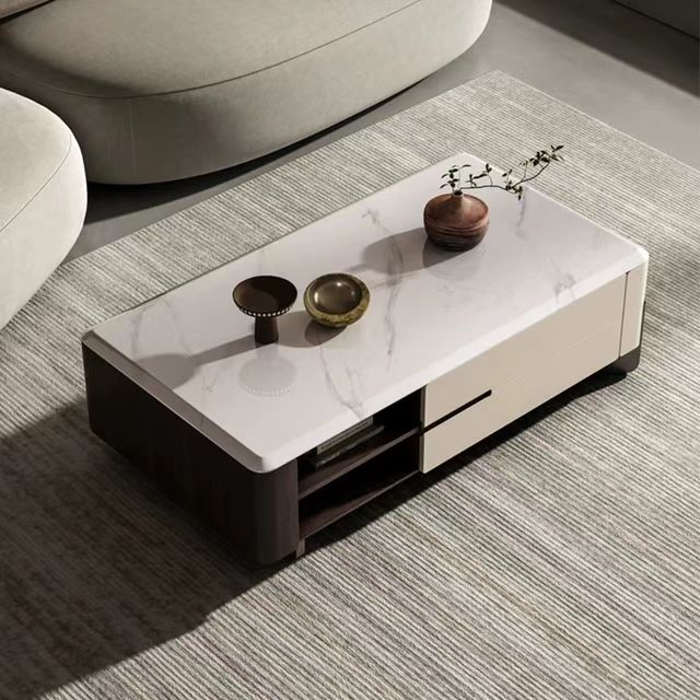 White and Black Wooden Rock Slab Coffee Table with Drawers