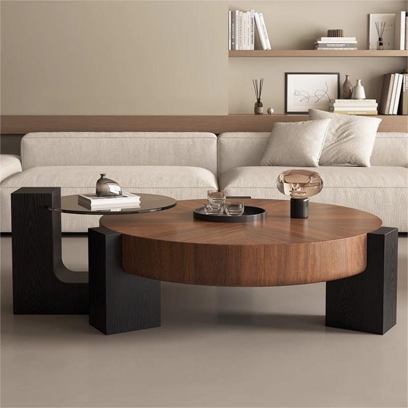 Retro Style Walnut Round Coffee Table With Storage