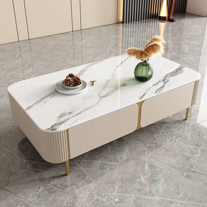 White Stone Rectangular Coffee Table Combination with Gold Stainless Steel Legs and 2 Drawers