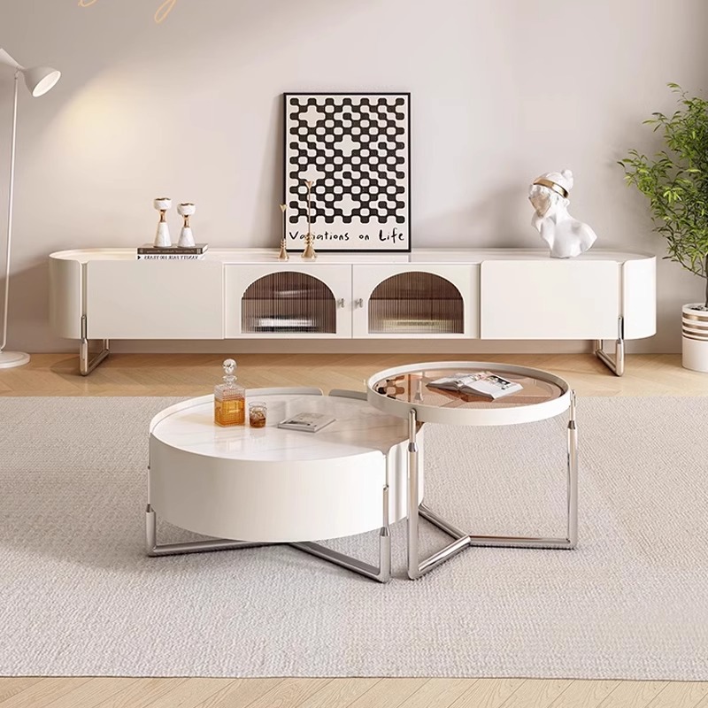 TV Stand Combo With White Round Nesting Coffee Table Set