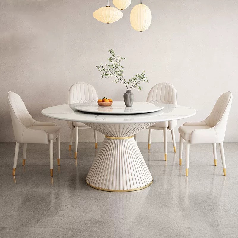 Chic Circular White Dining Table Set 6 Person